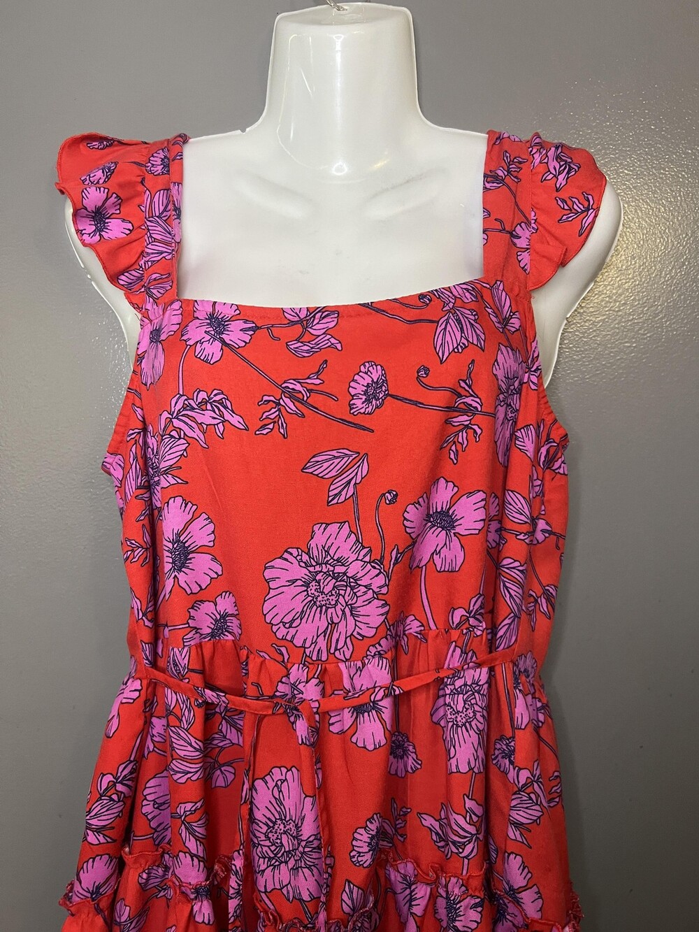 B-O-G Collective Dress Womens Large Red Floral Ruffle Tiered Sundress Boho